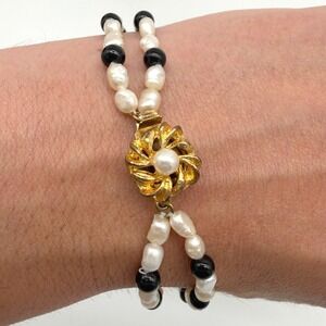 Freshwater Pearl Black Onyx Bead Double Strand Bracelet Floral Clasp 7.75"